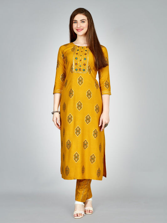 Mustard Yellow & Multi Coloured Heavy Rayon with Embroidery work Women Designer Daily wear Kurti with Pant!!
