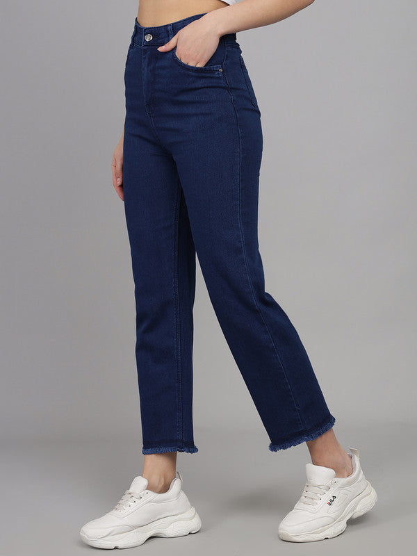 Blue Coloured Premium Denim Lycra with Fray Hem Stretchable Full Length Women Casual/Party wear Straight Fit Jeans!!