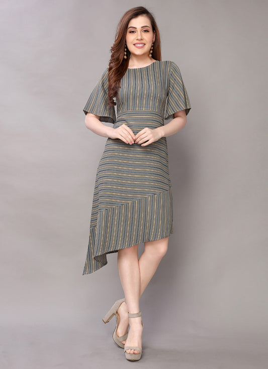 Olive Coloured Premium Rayon Round Neck 3/4 Sleeves Striped Woven Women Party wear Western Dress!!