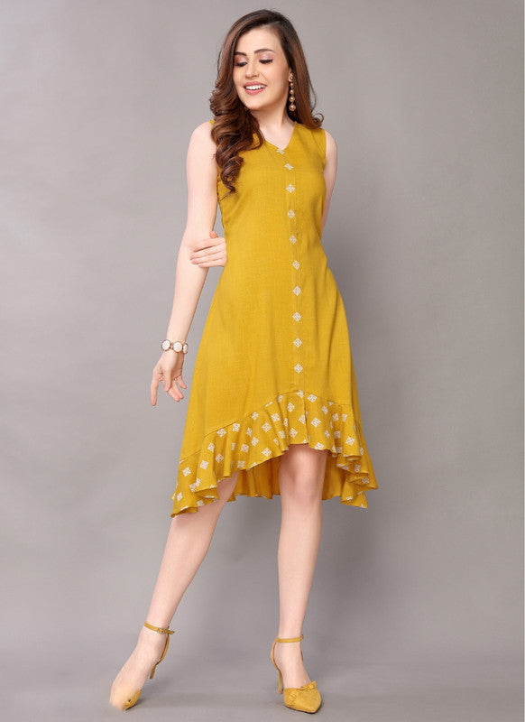 Mustard Coloured Premium Rayon Khadi Printed V Neck Sleeveless Women Party wear Western Dress!!