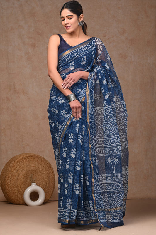 Blue & White Coloured Hand Block Printed Women Designer Party wear Kota Doria Cotton Saree with Runnin Blouse!!