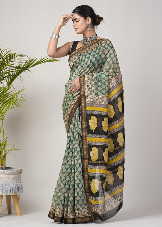 Yellow & Multi Coloured Hand Block Printed Women Designer Party wear Maheshwari Cotton Silk Saree with Runnin Blouse!!