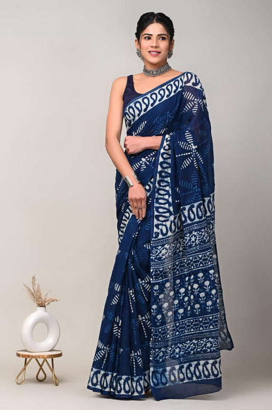 Blue & White Coloured Beautiful Hand Block printed Women Daily/Party wear Pure Cotton Saree with Blouse!!