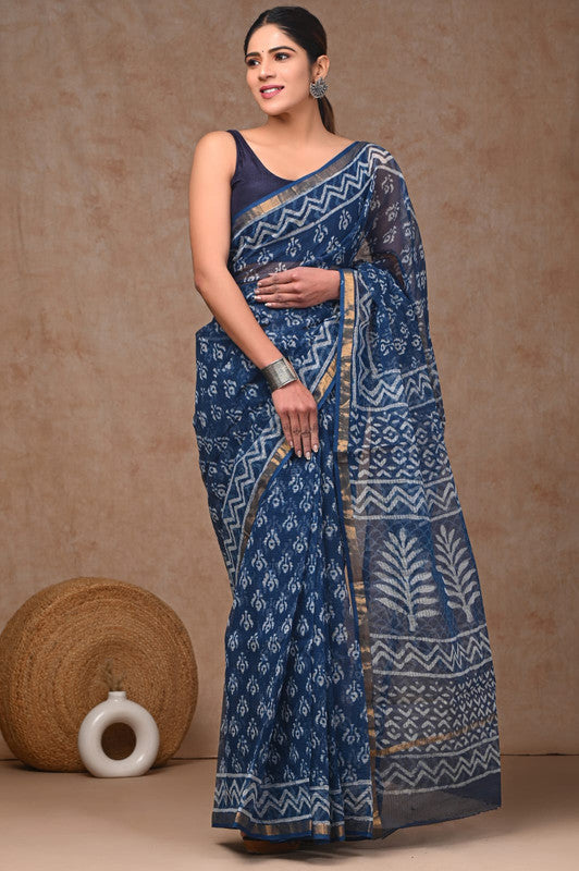 Blue & White Coloured Hand Block Printed Women Designer Party wear Kota Doria Cotton Saree with Runnin Blouse!!