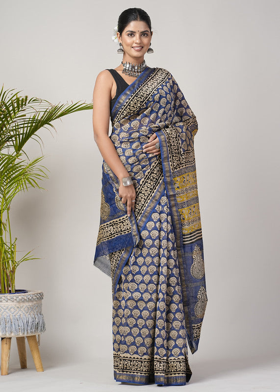 Green & Multi Coloured Hand Block Printed Women Designer Party wear Maheshwari Cotton Silk Saree with Runnin Blouse!!