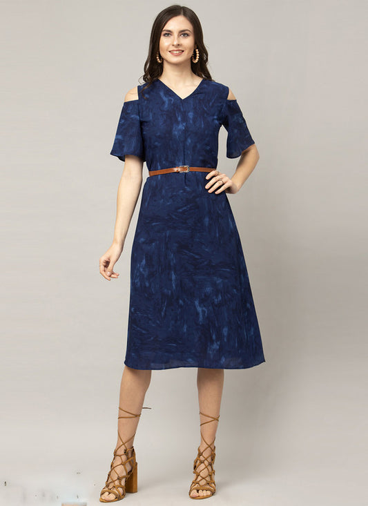 Blue Coloured Premium Crepe Digital Printed 3/4 Sleeves Women Party wear Western Dress!!