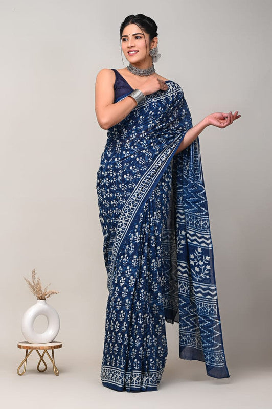 Blue & White Coloured Beautiful Hand Block printed Women Daily/Party wear Pure Cotton Saree with Blouse!!