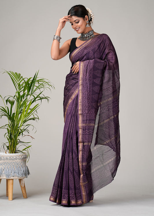 Blue & Multi Coloured Hand Block Printed Women Designer Party wear Maheshwari Cotton Silk Saree with Runnin Blouse!!