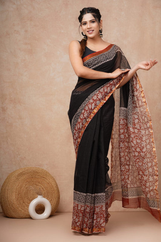 Black & Orange Coloured Hand Block Printed Women Designer Party wear Kota Doria Cotton Saree with Runnin Blouse!!