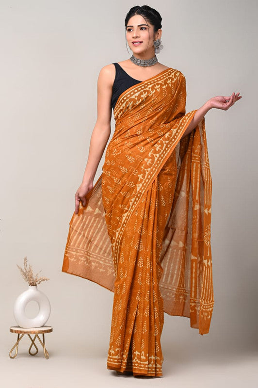 Mustard Yellow & White Coloured Beautiful Hand Block printed Women Daily/Party wear Pure Cotton Saree with Blouse!!