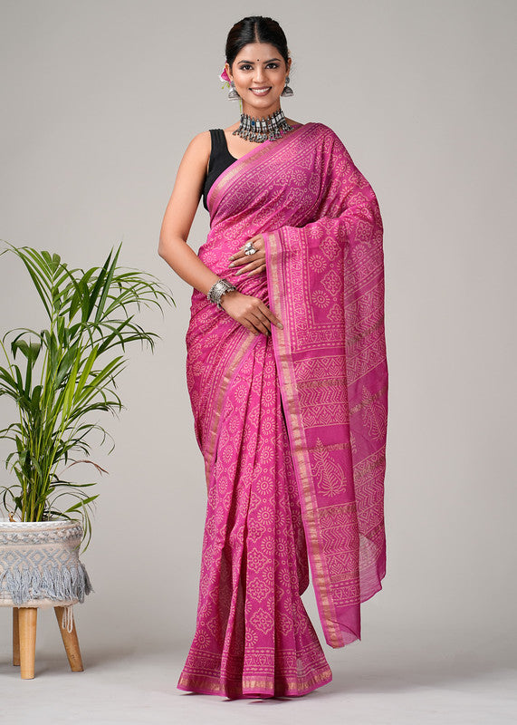 Pink & Off White Coloured Hand Block Printed Women Designer Party wear Maheshwari Cotton Silk Saree with Runnin Blouse!!