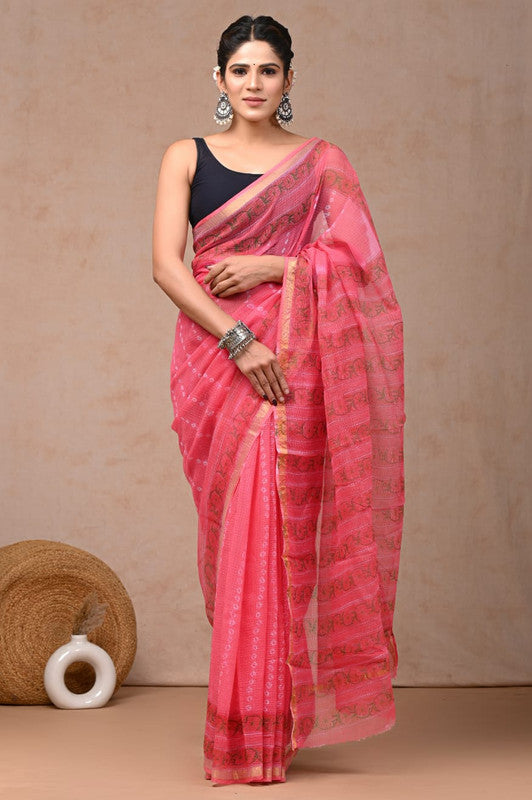 Pink & Multi Coloured Hand Block Printed Women Designer Party wear Kota Doria Cotton Saree with Runnin Blouse!!