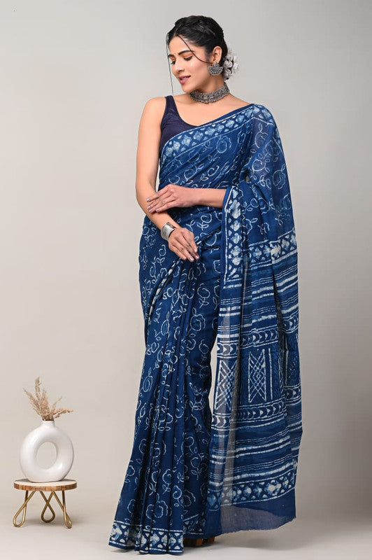 Blue & White Coloured Beautiful Hand Block printed Women Daily/Party wear Pure Cotton Saree with Blouse!!