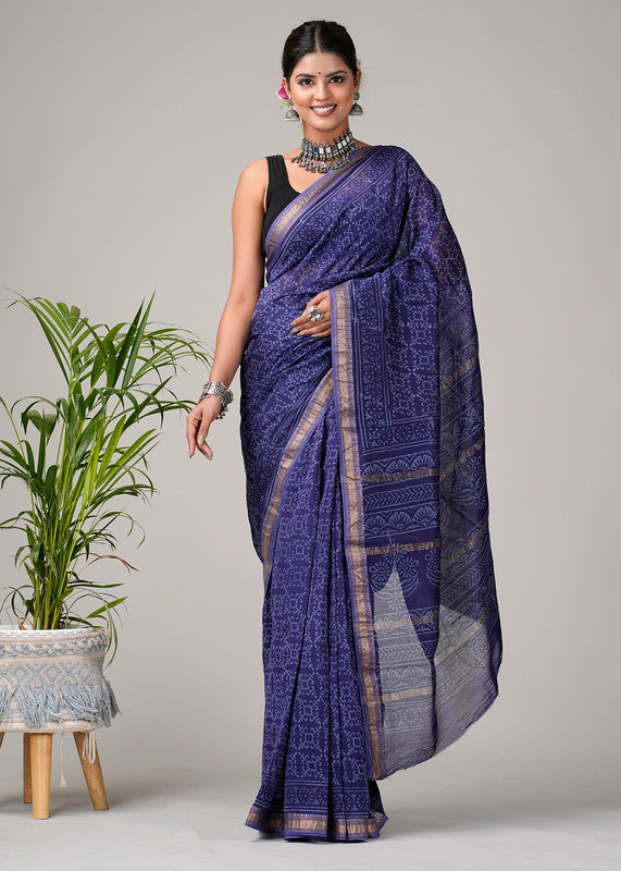 Purple & Off White Coloured Hand Block Printed Women Designer Party wear Maheshwari Cotton Silk Saree with Runnin Blouse!!