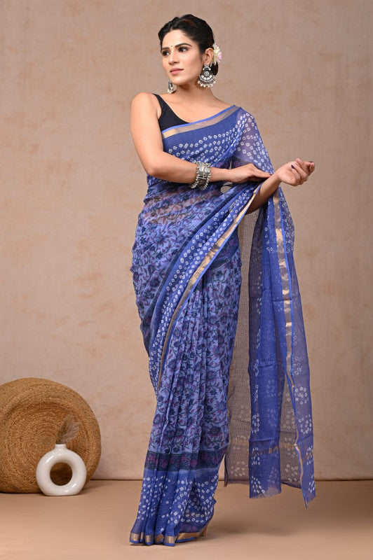 Blue & White Coloured Hand Block Printed Women Designer Party wear Kota Doria Cotton Saree with Runnin Blouse!!