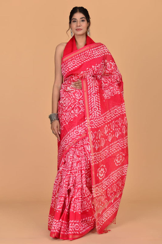Red & Off White Coloured Hand Block Printed Women Designer Party wear Chanderi Cotton Silk Saree with Runnin Blouse!!