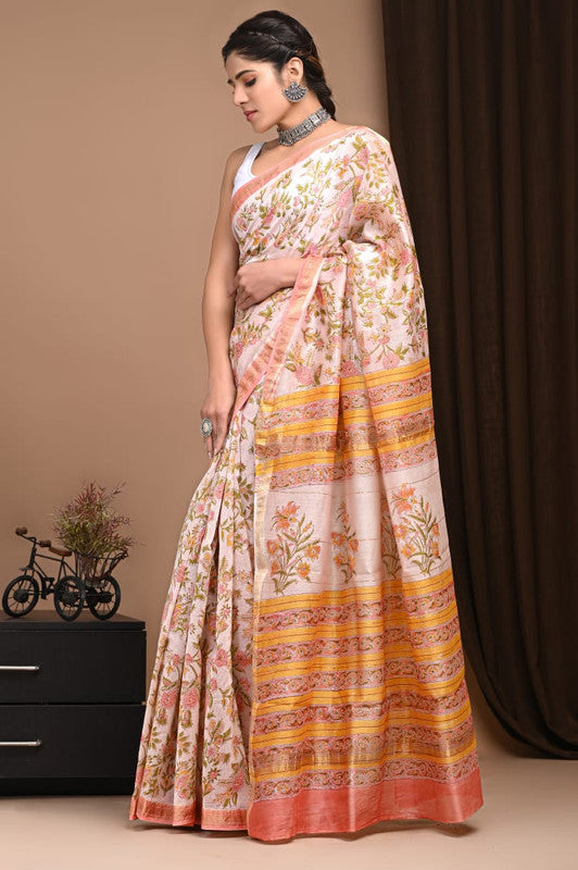 Pink & Multi Coloured Hand Block Printed Women Designer Party wear Maheshwari Cotton Silk Saree with Runnin Blouse!!