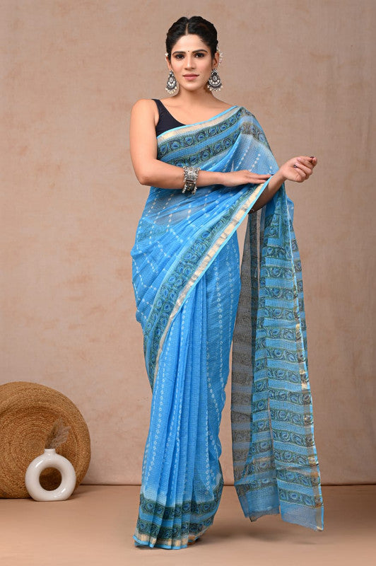 Sky Blue & Multi Coloured Hand Block Printed Women Designer Party wear Kota Doria Cotton Saree with Runnin Blouse!!