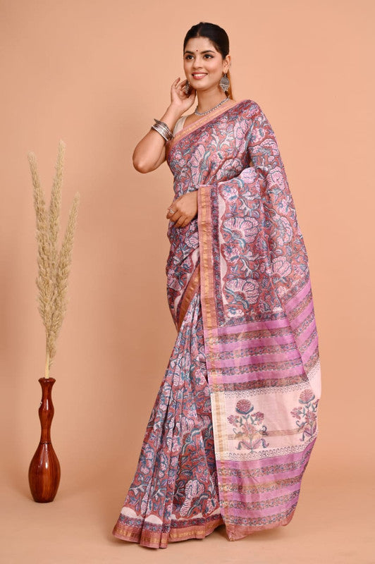 Purple & Multi Coloured Hand Block Printed Women Designer Party wear Maheshwari Cotton Silk Saree with Runnin Blouse!!