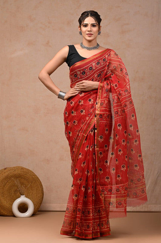 Red & Multi Coloured Hand Block Printed Women Designer Party wear Kota Doria Cotton Saree with Runnin Blouse!!