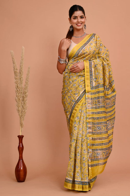 Yellow & Multi Coloured Hand Block Printed Women Designer Party wear Maheshwari Cotton Silk Saree with Runnin Blouse!!