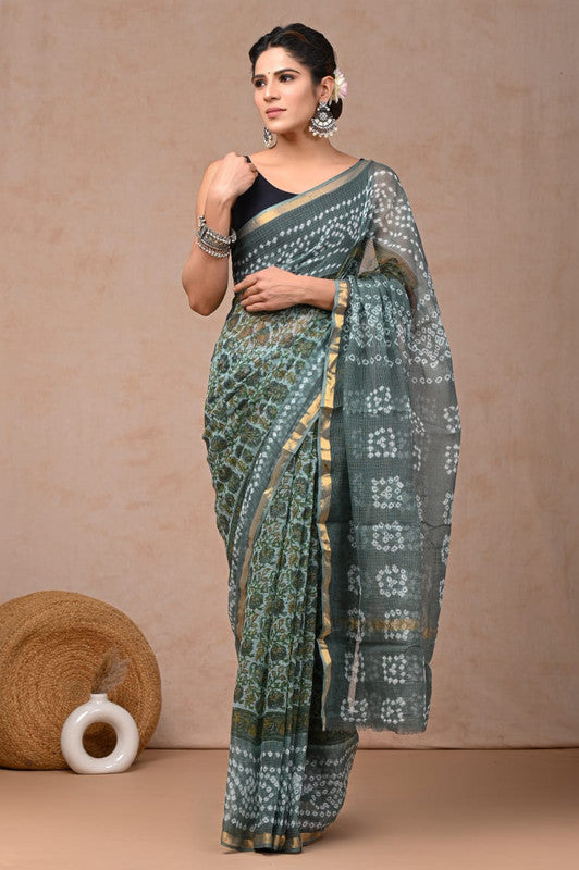 Green & Grey Coloured Hand Block Printed Women Designer Party wear Kota Doria Cotton Saree with Runnin Blouse!!