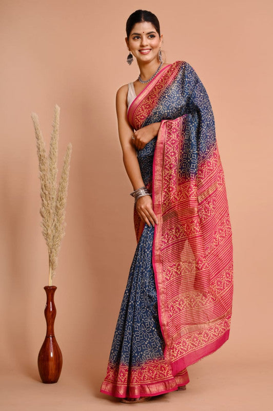 Blue & Pink Coloured Hand Block Printed Women Designer Party wear Maheshwari Cotton Silk Saree with Runnin Blouse!!