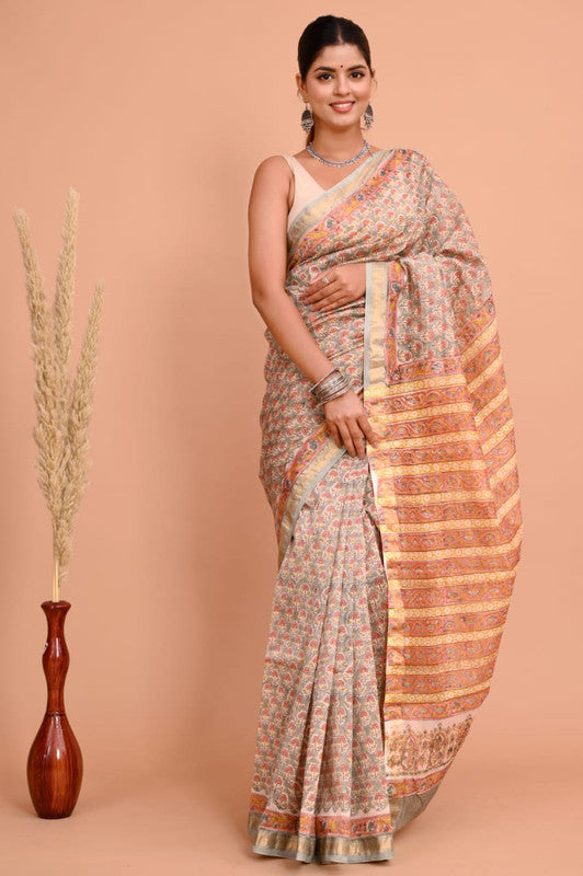 Pink & Multi Coloured Hand Block Printed Women Designer Party wear Maheshwari Cotton Silk Saree with Runnin Blouse!!