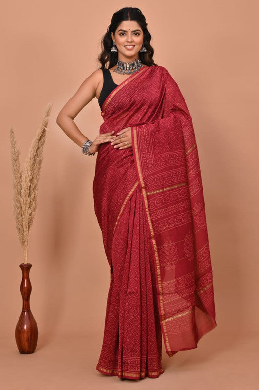 Maroon & Off White Coloured Hand Block Printed Women Designer Party wear Chanderi Cotton Silk Saree with Runnin Blouse!!