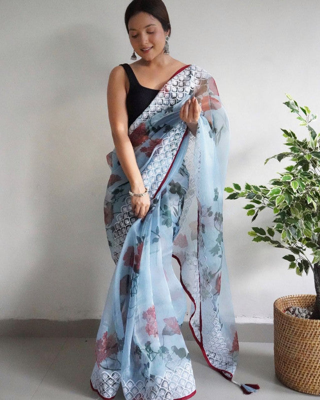 Sky Blue & Multi Coloured Soft Organza digital floral prints zari work border Women Designer Party wear Fancy Saree with Blouse!!