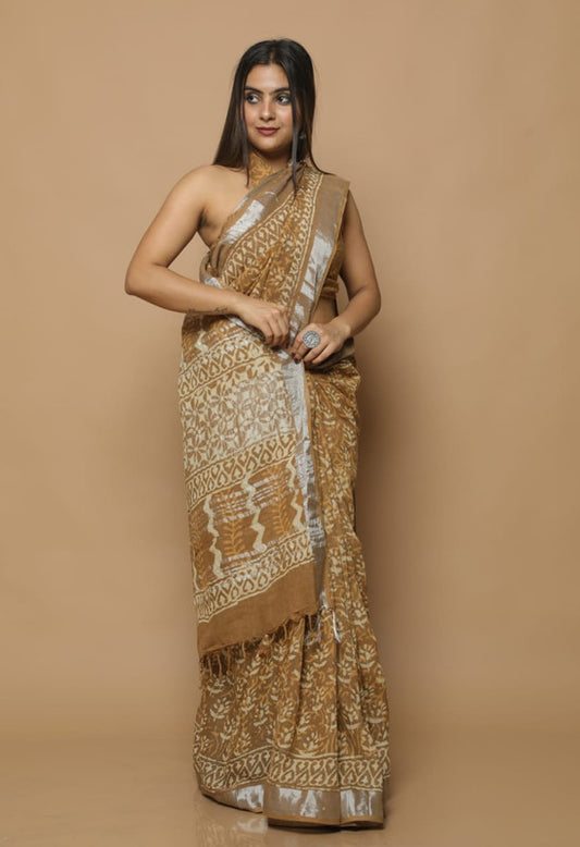 LINEN COTTON HAND BLOCK PRINT SAREE