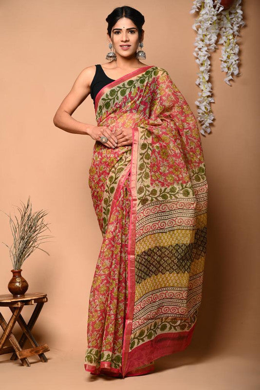 Pink & Multi Coloured Kota Doriya Cotton Beautiful Hand Block printed Women Daily/Party wear Saree with Blouse!!