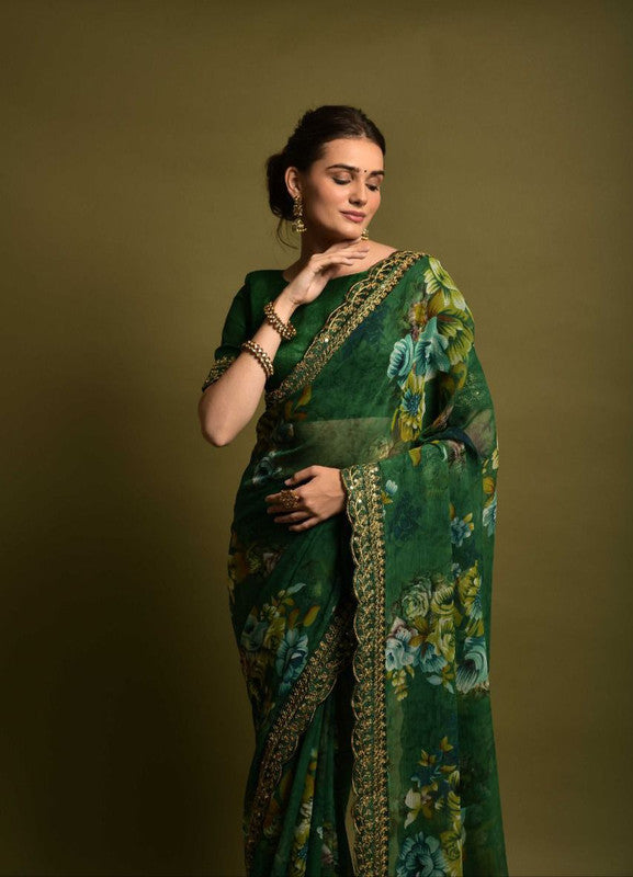 Green Coloured Soft Chiffon Beautiful floral Print Sequence Lace border & Embroidery Work Saree with Blouse!!