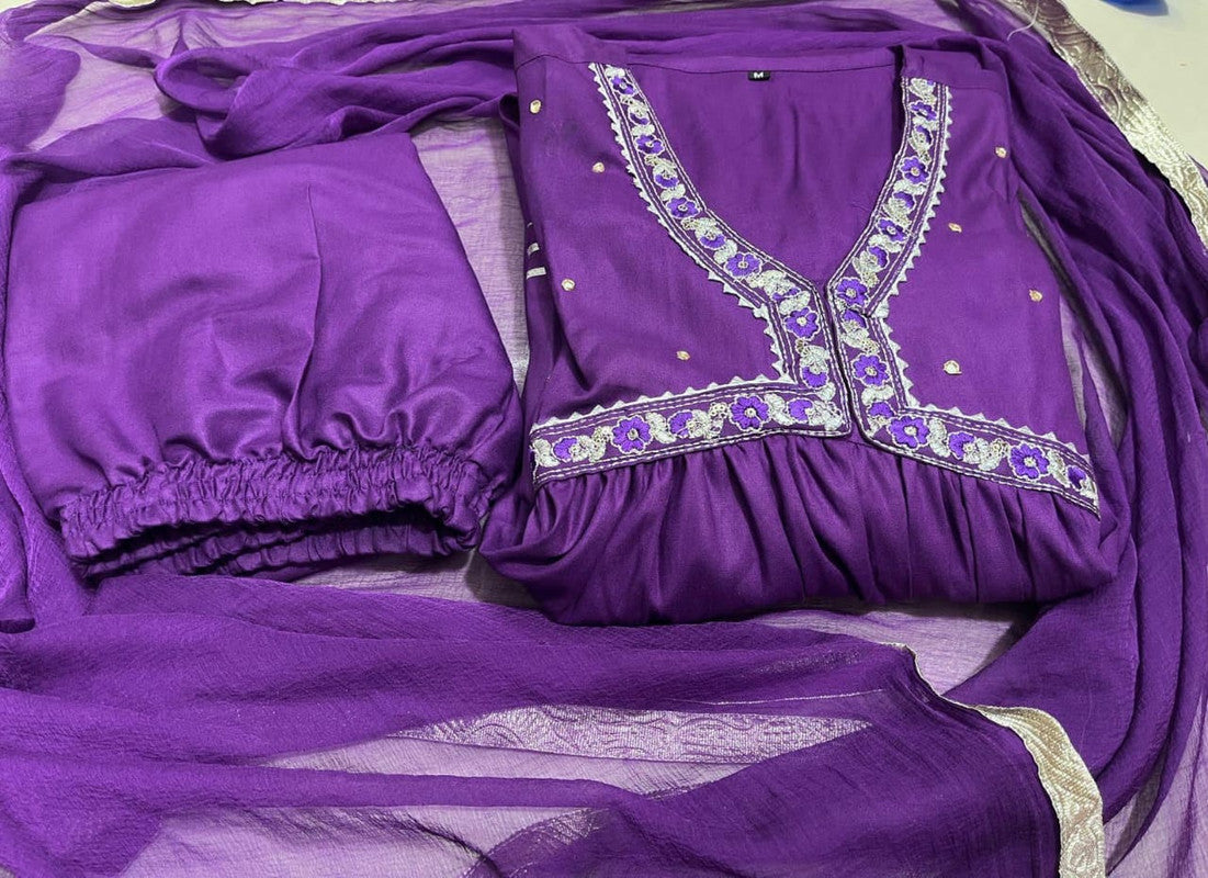 Purple Coloured Premium Rayon with Embroidery & Lace Work Women Designer Party wear Alia Cut Kurti with Pant & Dupatta!!