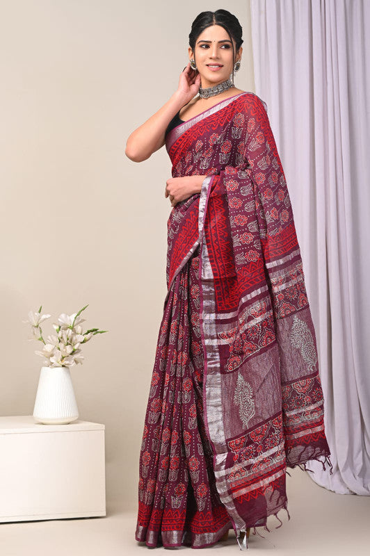 Maroon & Multi Coloured Linen Cotton Beautiful Hand Block printed Women Daily/Party wear Saree with Blouse!!