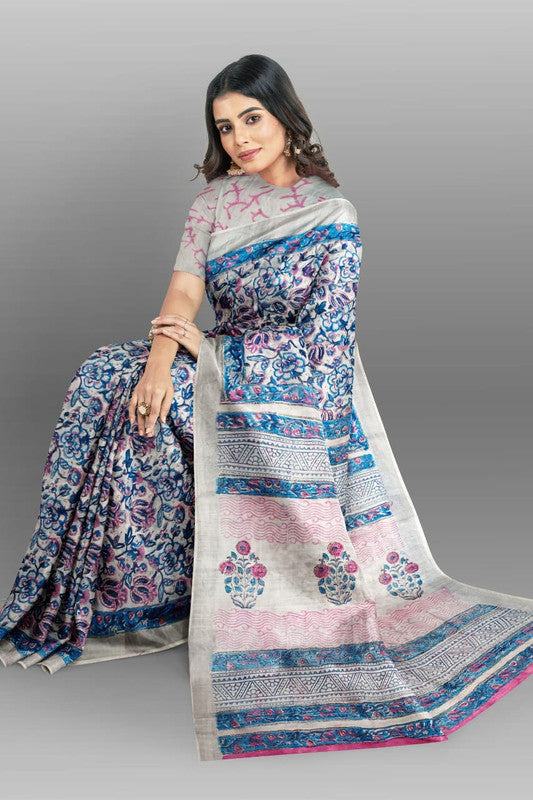 Blue & Multi Coloured Linen Cotton Beautiful Hand Block printed Women Daily/Party wear Saree with Blouse!!