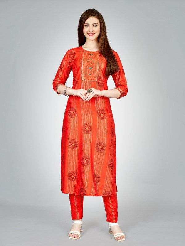 Orange & Multi Coloured Heavy Rayon with Embroidery work Women Designer Daily wear Kurti with Pant!!