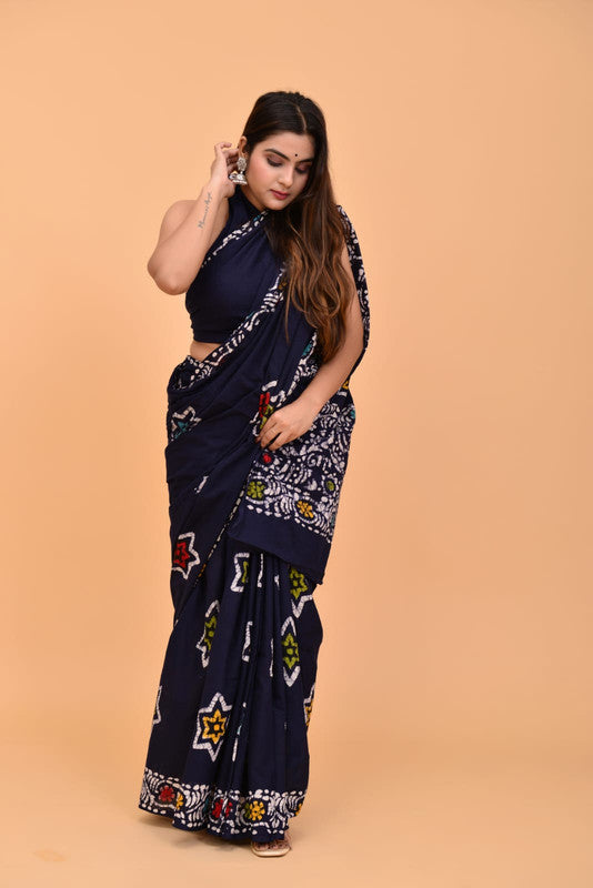 Navy Blue & Multi Coloured Pure Cotton with Beautiful Hand Block Printed Women Party/Daily wear Designer Cotton Saree with Blouse!!