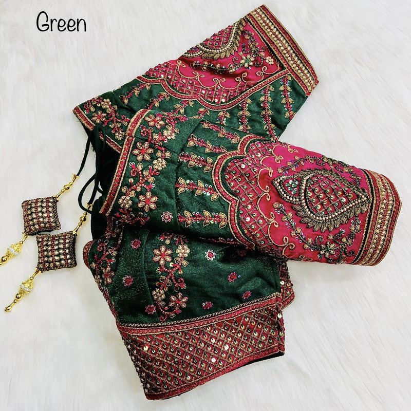 Green Coloured Milan Silk Copper Jari With 4 Sequence Heavy Embroidery Work Ready Made Wedding Blouse!!