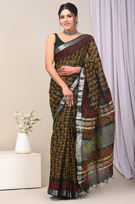 Mehendi Green & Black Coloured Exclusive Hand Block printed Women Daily/Party wear Linen Cotton Saree with Blouse!!