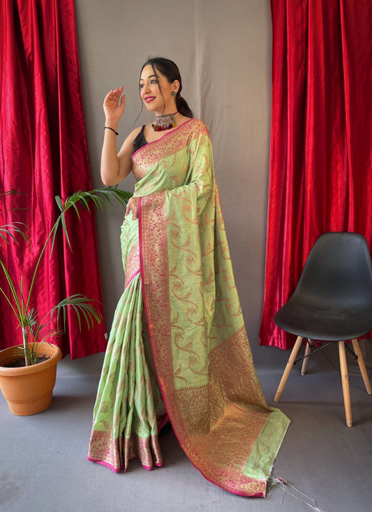 PURE COTTON LINEN SAREE WITH  COPPER AND ROSE  GOLD ZARI