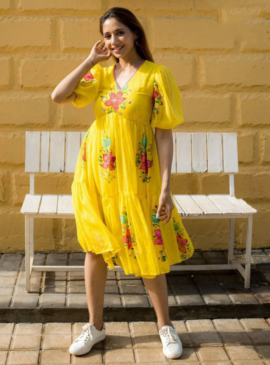 Mustard Yellow & Red Coloured faux georgette with Digital Flower Print with full lining Women Party/Daily wear Western Midi Dress!!