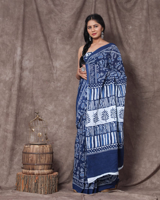 Blue & White Coloured Beautiful Hand Block printed Women Daily/Party wear Pure Mul Cotton Saree with Blouse!!