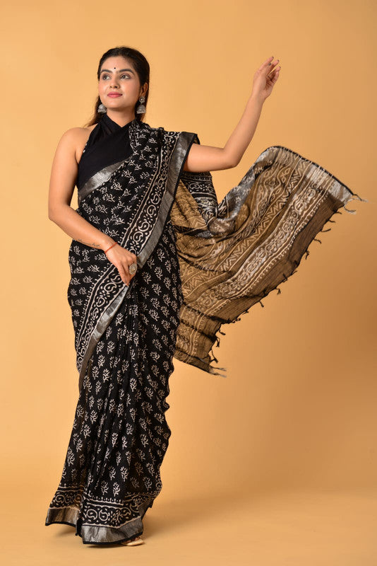 Black & Silver Coloured Linen Cotton with Beautiful Hand Block Printed Women Party/Daily wear Designer Linen Cotton Saree with Blouse!!