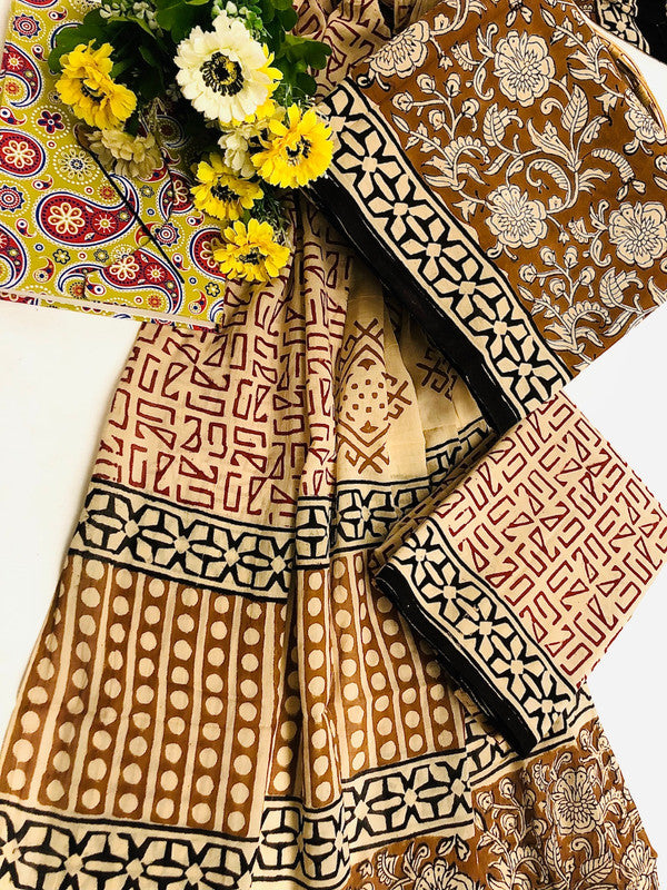 Beige & Maroon Coloured Unstitched Pure Cotton Exclusive Hand Block Printed Women Party/Daily wear Dress Material Suit- Top with Bottom &  Mul Cotton Dupatta!!