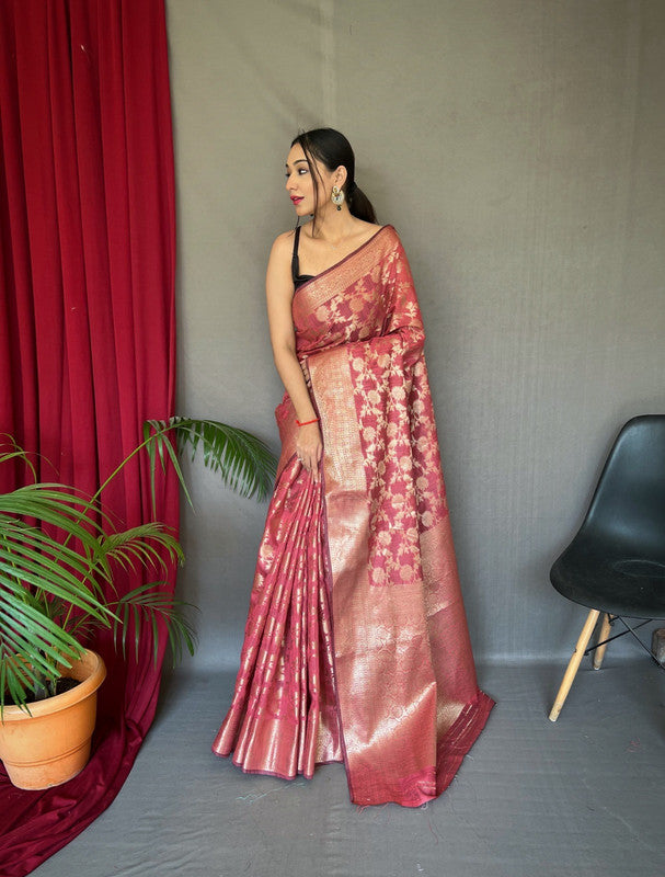 Pink Coloured Pure Linen Cotton with Copper Weaving Women Designer Party wear Linen Cotton Saree with Brocade Blouse!!