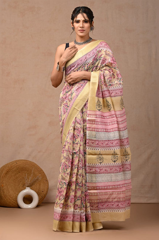 Pink & Multi Coloured Hand Block Printed Women Designer Party wear Maheshwari Cotton Silk Saree with Runnin Blouse!!