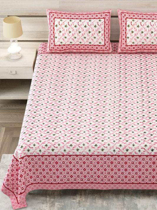 Pink & Multi Coloured Pure Cotton Beautiful Hand Printed King size Double Bed sheet with 2 Pillow covers!!