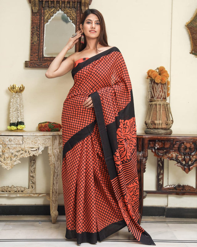 BEAUTIFUL HAND PRINTED MUL COTTON SAREE