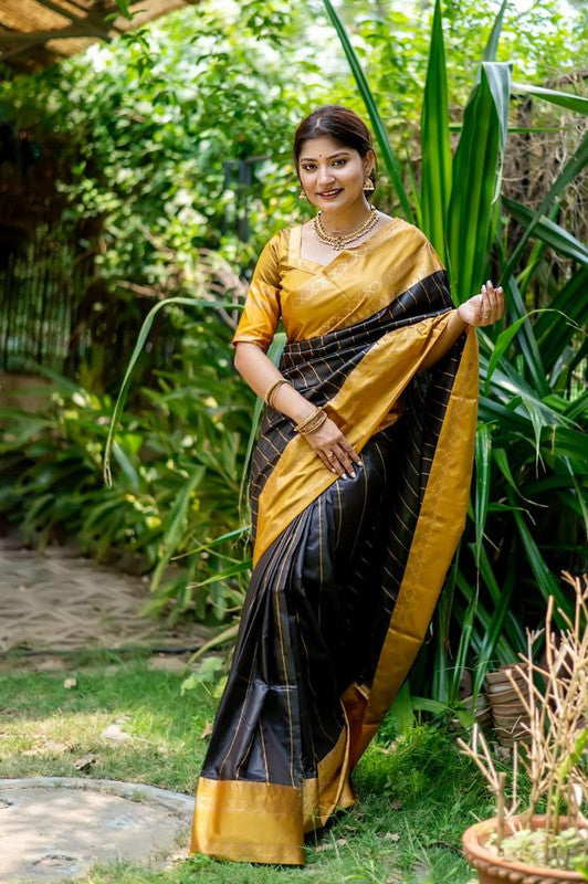 Buy Yellow Brocade Silk Saree With Contrast Border And Unstitched Blouse  KALKI Fashion India